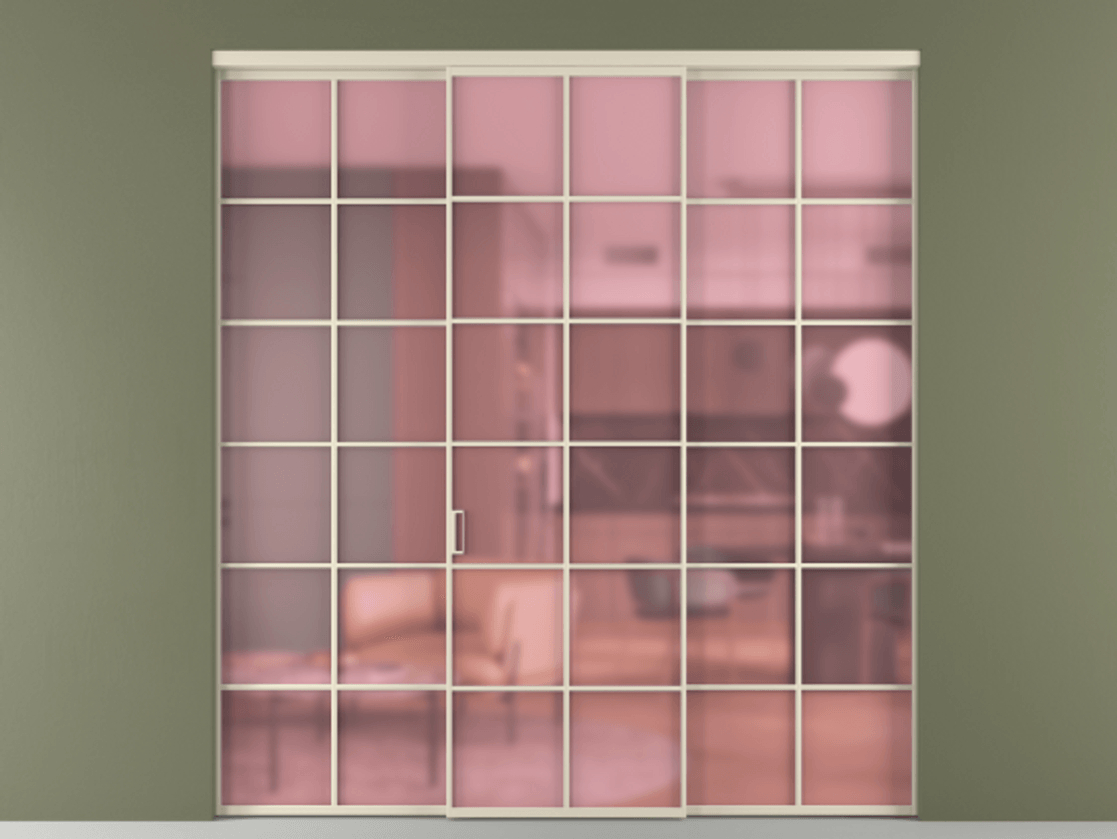 Перегородка Formato внутри проёма 3 створки АЛПР 040.05 Алюминий бежево-серый Сатинированное розовое стекло, триплекс Цена 317000 ₽ | Volhovec