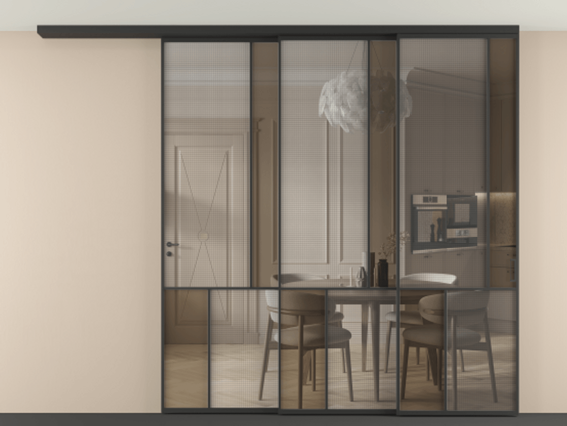 Перегородка Mosaic вдоль стены на потолок 3 створки с синхронным механизмом АЛПР 041.21 Алюминий Черный Декоративное стекло с сеткой "Mesh silver", триплекс, 6 мм + Прозрачное бронзовое стекло, триплекс. Скрытый короб ЧЕР Цена 492680 ₽ . Фабрика дверей Волховец 8 (800) 551 43 19 Перегородка Mosaic вдоль стены на потолок 3 створки с синхронным механизмом АЛПР 041.21 Алюминий Черный Декоративное стекло с сеткой "Mesh silver", триплекс, 6 мм + Прозрачное бронзовое стекло, триплекс Цена 492680 ₽ | Volhovec