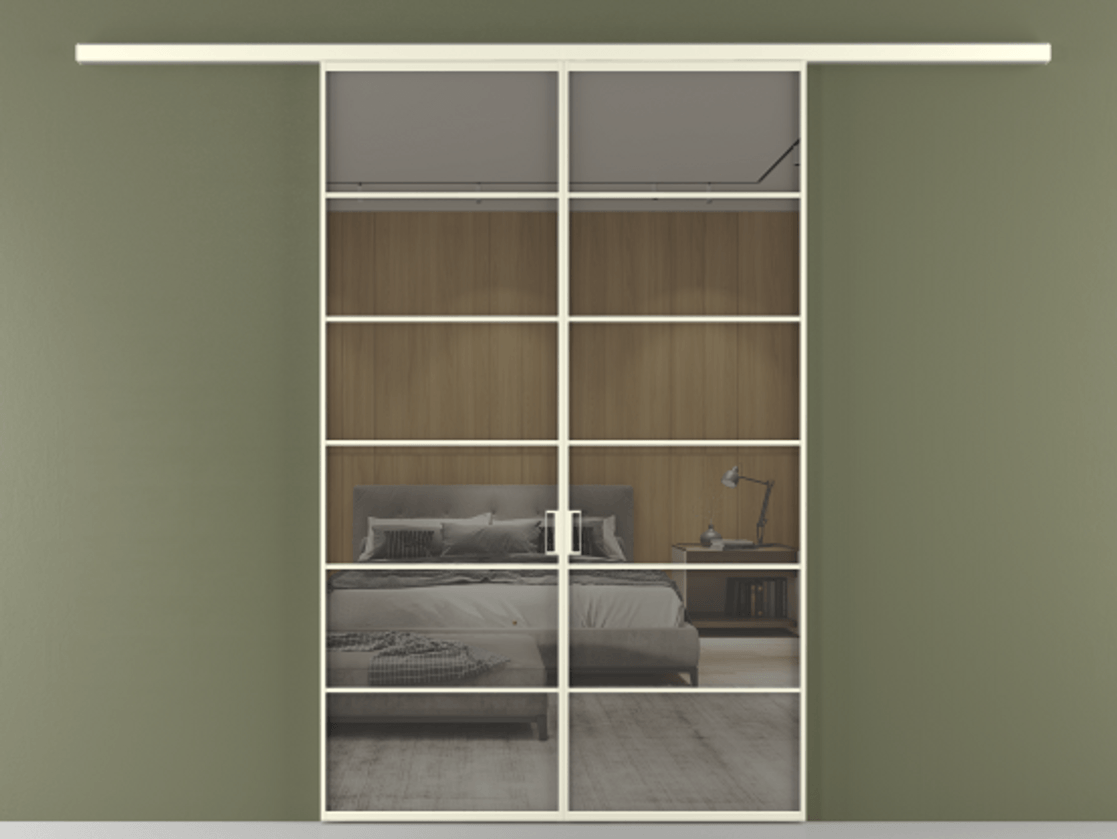 Перегородка Formato вдоль стены 2 створки АЛПР 040.04 Алюминий молочно-белый Рефлективное серое стекло "Stopsol", калёное Цена 264600 ₽ | Volhovec