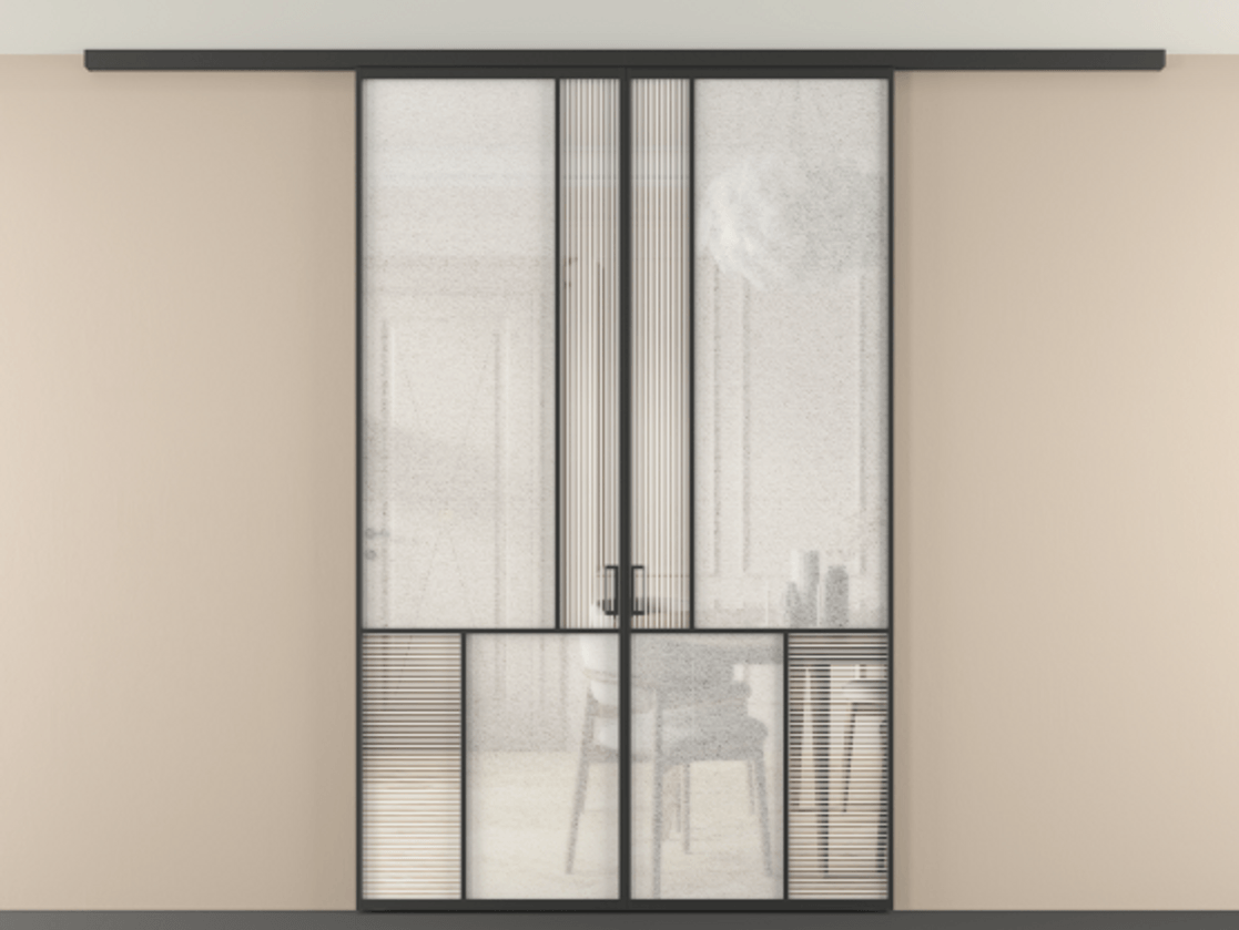 Перегородка Mosaic вдоль стены на потолок 2 створки АЛПР 041.20 Алюминий Черный Рифлёное стекло "Дюна", триплекс, 6 мм + Фактурное стекло "Лёд", триплекс. Скрытый короб ЧЕР Цена 268320 ₽ . Фабрика дверей Волховец 8 (800) 551 43 19 Перегородка Mosaic вдоль стены на потолок 2 створки АЛПР 041.20 Алюминий Черный Рифлёное стекло "Дюна", триплекс, 6 мм + Фактурное стекло "Лёд", триплекс Цена 268320 ₽ | Volhovec