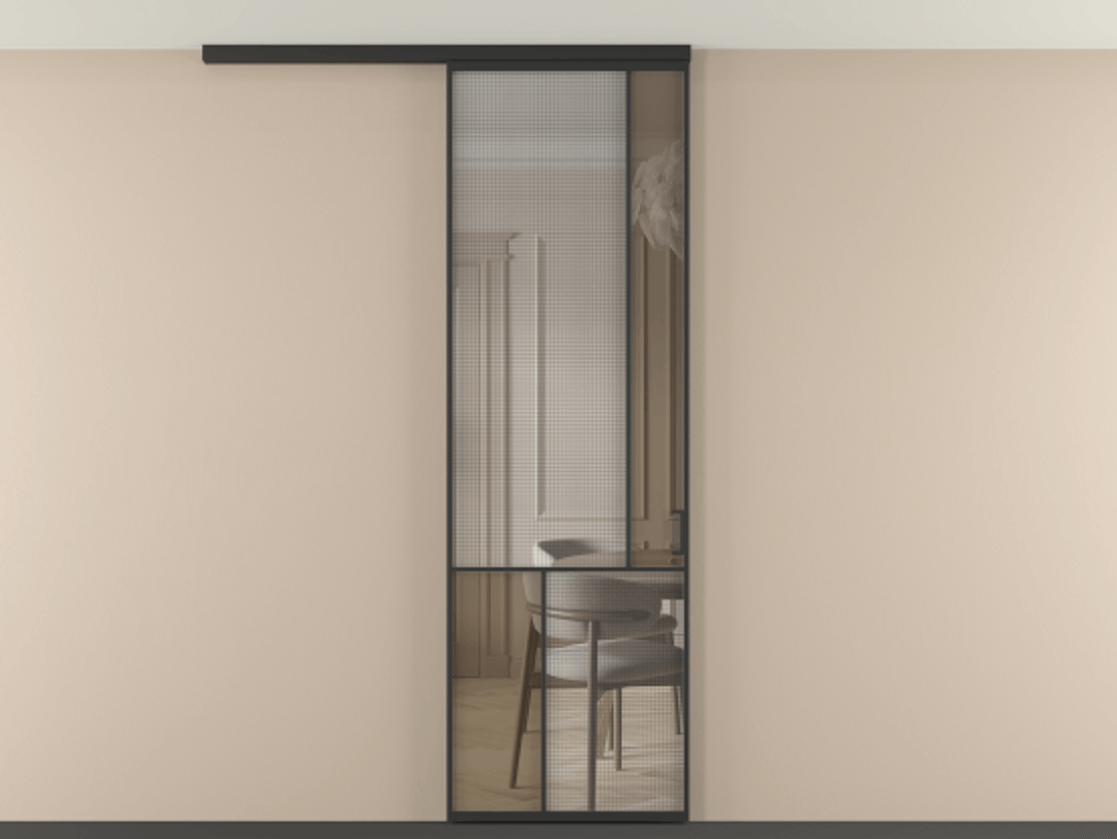 Перегородка Mosaic вдоль стены на потолок 1 створка АЛПР 041.21 Алюминий Черный Декоративное стекло с сеткой "Mesh silver", триплекс, 6 мм + Прозрачное бронзовое стекло, триплекс. Скрытый короб ЧЕР Цена 135560 ₽ . Фабрика дверей Волховец 8 (800) 551 43 19 Перегородка Mosaic вдоль стены на потолок 1 створка АЛПР 041.21 Алюминий Черный Декоративное стекло с сеткой "Mesh silver", триплекс, 6 мм + Прозрачное бронзовое стекло, триплекс Цена 135560 ₽ | Volhovec