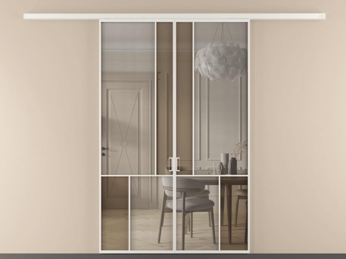 Перегородка Mosaic вдоль стены двустворчатая АЛПР 041.20 Алюминий Белый Декоративное стекло с сеткой "Mesh silver", триплекс, 6 мм + Прозрачное бронзовое стекло, триплекс, 6 мм. Скрытый короб БЕЛ Цена 251560 ₽ . Фабрика дверей Волховец 8 (800) 551 43 19 Перегородка Mosaic вдоль стены двустворчатая АЛПР 041.20 Алюминий Белый Декоративное стекло с сеткой "Mesh silver", триплекс, 6 мм + Прозрачное бронзовое стекло, триплекс, 6 мм Цена 251560 ₽ | Volhovec