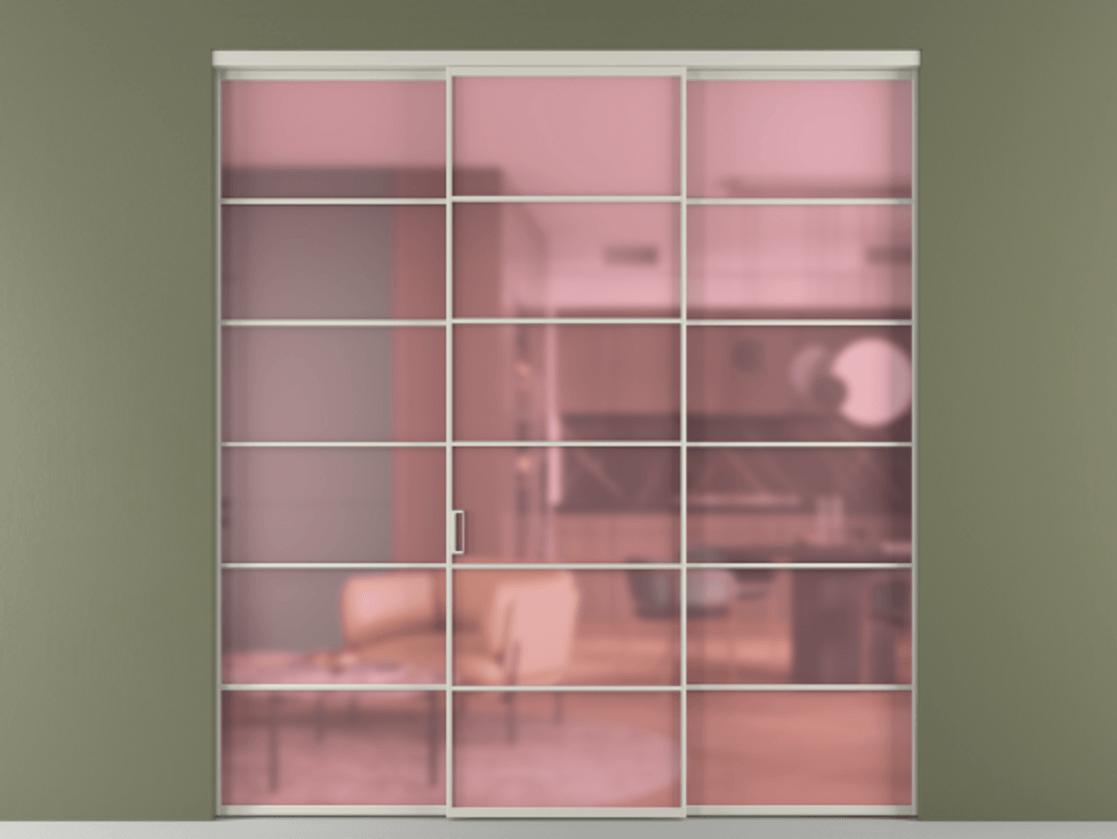 Перегородка Формато внутри проёма 3 створки АЛПР 040.04 Алюминий тёплый серый Сатинированное розовое стекло, триплекс. Цена 267260 ₽ 1. Полотно 3 шт. (800/2100 мм)
2. Комплект установки раздвижной системы
3. Базовый комплект фурнитуры
4.Ручка Рондо. Фабрика дверей Волховец 8 (800) 551 43 19 Перегородка Формато внутри проёма 3 створки АЛПР 040.04 Алюминий тёплый серый Сатинированное розовое стекло, триплекс Цена 267260 ₽ | Volhovec