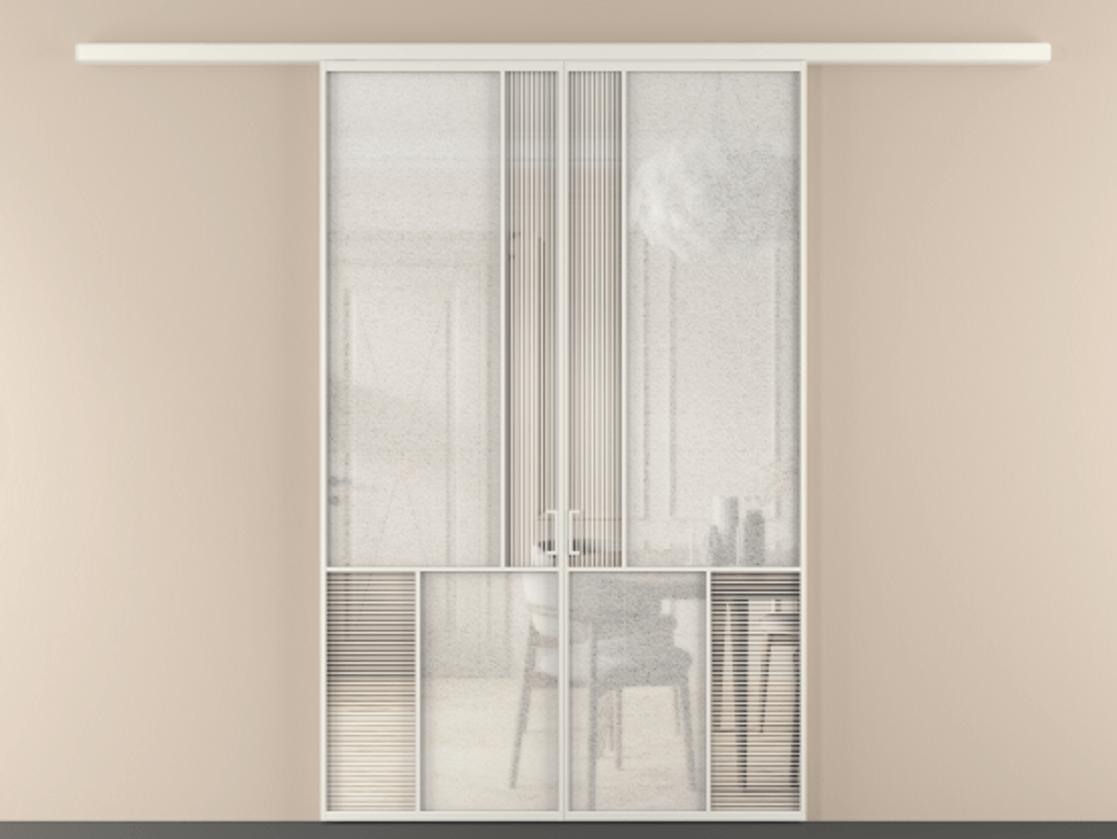 Перегородка Mosaic вдоль стены 2 створки АЛПР 041.20 Алюминий Белый Рифлёное стекло "Дюна", триплекс, 6 мм + Фактурное стекло "Лёд", триплекс Цена 270080 ₽ | Volhovec