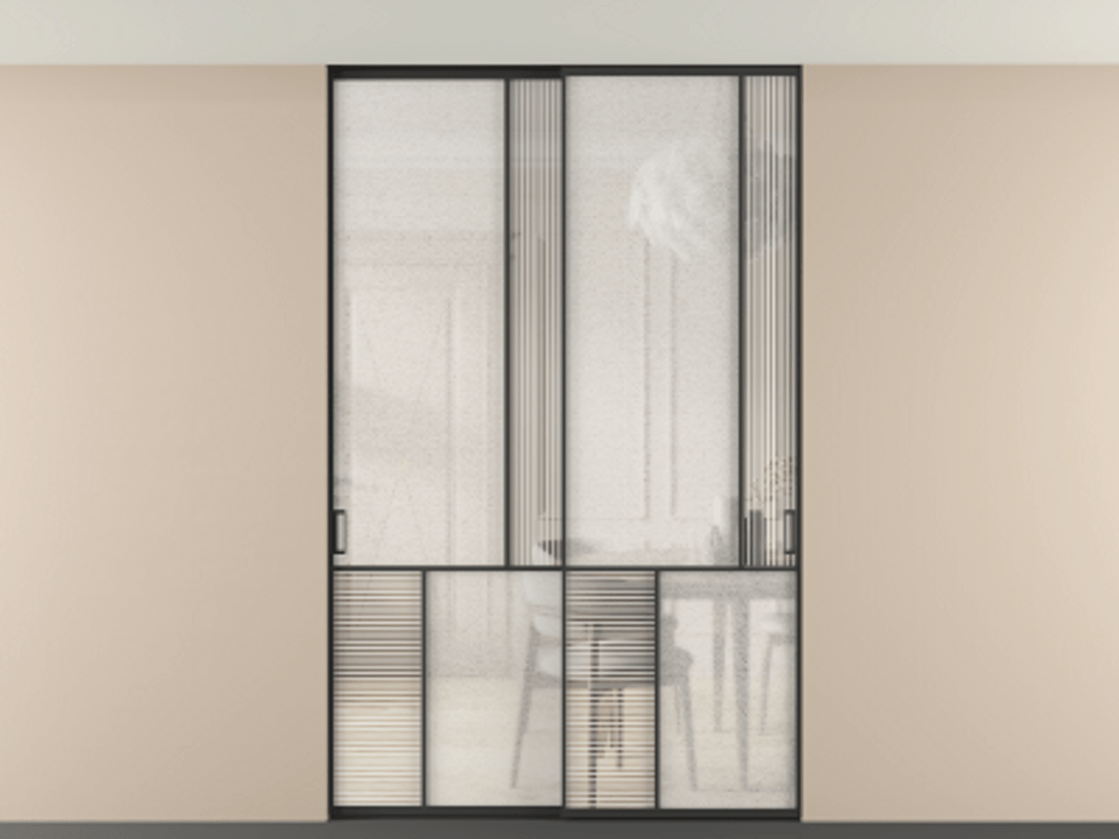 Перегородка Mosaic внутри проёма скрытое крепление в потолок 2 створки АЛПР 041.21 Алюминий Черный Рифлёное стекло "Дюна", триплекс, 6 мм + Фактурное стекло "Лёд", триплекс. Скрытый короб ЧЕР Цена 331020 ₽ . Фабрика дверей Волховец 8 (800) 551 43 19 Перегородка Mosaic внутри проёма скрытое крепление в потолок 2 створки АЛПР 041.21 Алюминий Черный Рифлёное стекло "Дюна", триплекс, 6 мм + Фактурное стекло "Лёд", триплекс Цена 331020 ₽ | Volhovec