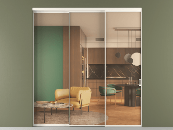 Алюминевая перегородка vn3_01_ Алюминий пудровый белый Прозрачное оранжевое стекло, триплекс, 6мм. Цвет Алюминий пудровый белый. Материал Алюминий в эмали. Коллекция Перегородка Formato внутри проёма 3 створки с синхронным механизмом. Картинка.