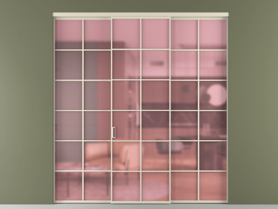 Алюминевая перегородка vn1+2_05_ Алюминий бежево-серый Сатинированное розовое стекло, триплекс, 6мм. Цвет Алюминий бежево-серый. Материал Алюминий в эмали. Коллекция Перегородка Formato внутри проёма 3 створки. Картинка.