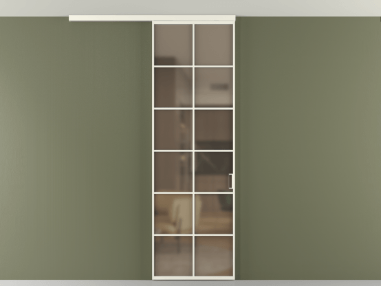 Алюминевая перегородка АЛПР 040.05_АЖМ_Бронза сатин триплекс_new. Цвет Алюминий жемчужный. Материал Алюминий в эмали. Коллекция Перегородка Формато вдоль стены на потолок 1 створка. Картинка.