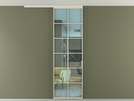 Алюминевая перегородка vd1_05 Алюминий бежево-серый Прозрачное голубое стекло, триплекс, 6мм. Цвет Алюминий бежево-серый. Материал Алюминий в эмали. Коллекция Перегородка Formato вдоль стены на потолок 1 створка. Картинка.