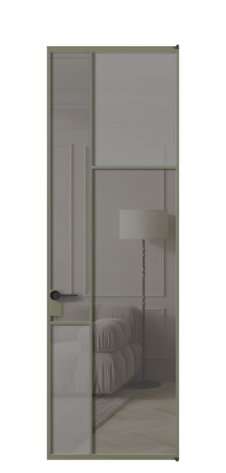 Дверь межкомнатная АЛПЛ041.11 АОТ Серый сатин матовое + Серый прозрачное. Цвет Алюминий оливковый тёмный. Материал Алюминий в эмали. Коллекция Mosaic. Картинка.