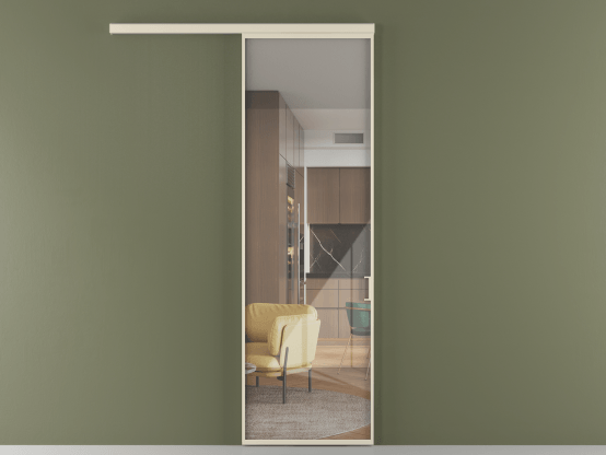 Алюминевая перегородка vd1_01_ Алюминий бежево-серый Stopsol Clear. Цвет Алюминий бежево-серый. Материал Алюминий в эмали. Коллекция Перегородка Formato вдоль стены 1 створка. Картинка.