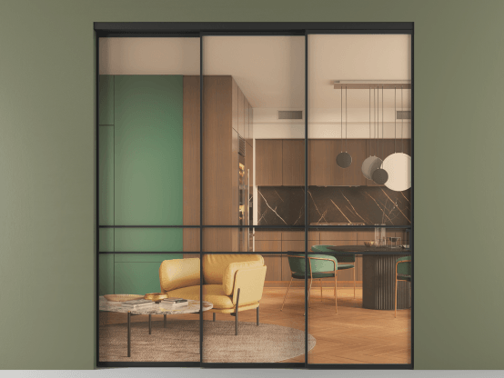 Алюминевая перегородка АЛПР 040.02_ЧРН_ПРОЗ ОРАНЖ_new. Цвет Алюминий Черный. Материал Алюминий. Коллекция Перегородка Формато внутри проёма 3 створки с синхронным механизмом. Картинка.