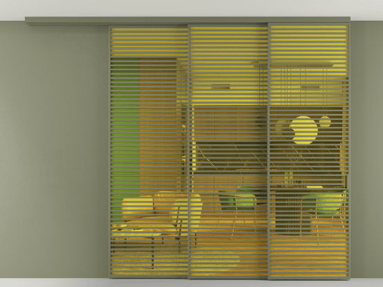 Алюминевая перегородка АЛПР 040.07_АОТ_ПРОЗ ЖЕЛ_new. Цвет Алюминий оливковый тёмный. Материал Алюминий в эмали. Коллекция Перегородка Formato вдоль стены на потолок 3 створки с синхронным механизмом. Картинка.