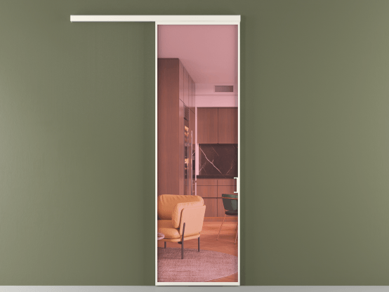 Алюминевая перегородка vd1_01_ Алюминий пудровый белый Прозрачное розовое стекло, триплекс, 6мм. Цвет Алюминий пудровый белый. Материал Алюминий в эмали. Коллекция Перегородка Формато вдоль стены 1 створка. Картинка.