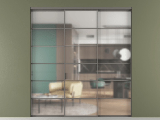 Алюминевая перегородка АЛПР 040.04_АКЛС_Matelux Crystalvision_new. Цвет Алюминий классический серый. Материал Алюминий в эмали. Коллекция Перегородка Formato внутри проёма 3 створки. Картинка.