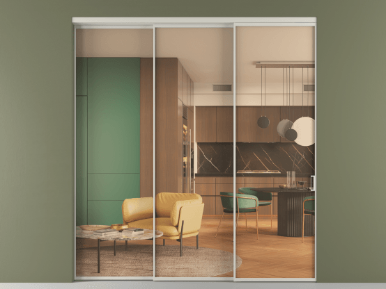 Алюминевая перегородка vn3_01_ Алюминий тёплый серый Прозрачное оранжевое стекло, триплекс, 6мм. Цвет Алюминий тёплый серый. Материал Алюминий в эмали. Коллекция Перегородка Formato внутри проёма 3 створки с синхронным механизмом. Картинка.