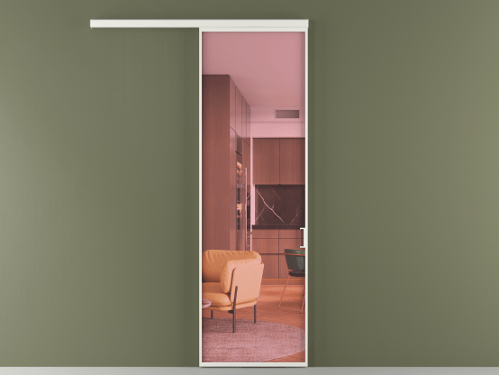 Алюминевая перегородка vd1_01_ Алюминий светло-серый Прозрачное розовое стекло, триплекс, 6мм. Цвет Алюминий светло-серый. Материал Алюминий в эмали. Коллекция Перегородка Формато вдоль стены 1 створка. Картинка.